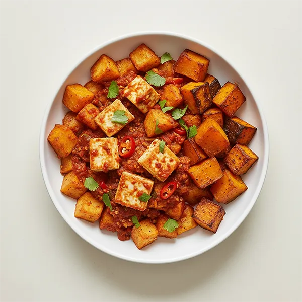 Batata & Tofu Harra with Cinnamon-Roasted Butternut Squash